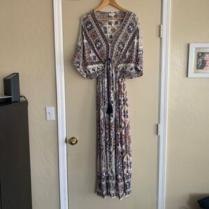 Bohemian Maxi Dress with Blue and Brown Patterns
